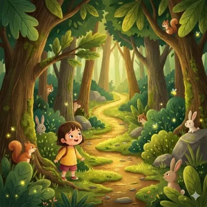 A young child looking with wonder at a glowing path in a magical forest.