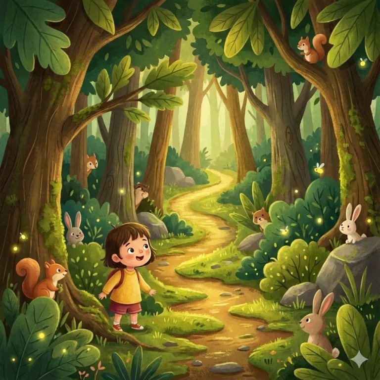 A young child looking with wonder at a glowing path in a magical forest.