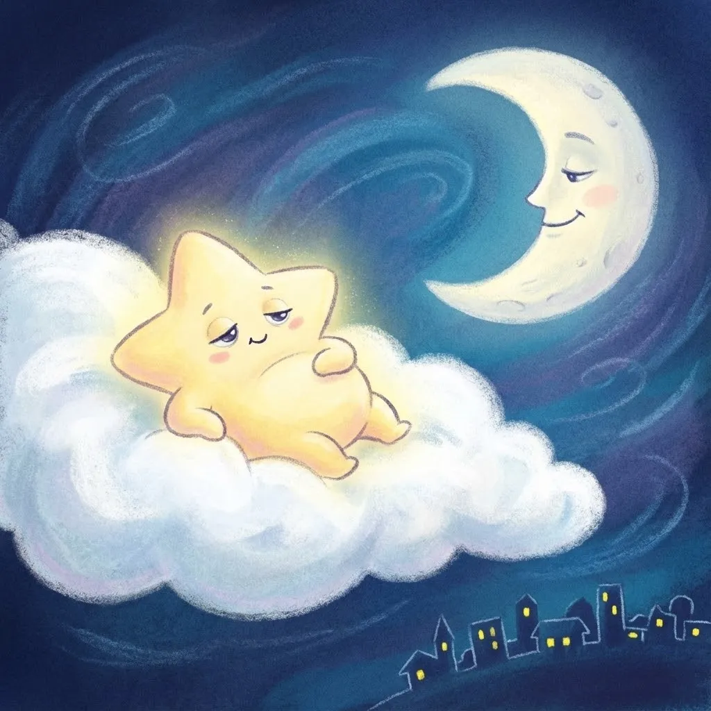 A sleepy little star named Twinkle resting on a cloud with the Moon watching over him.