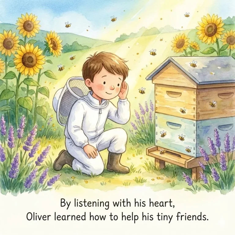 Oliver the young beekeeper listening to a beehive in a garden full of flowers.