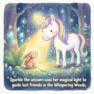 Cute white unicorn with a glowing horn guiding a small bunny in a magical forest at night.