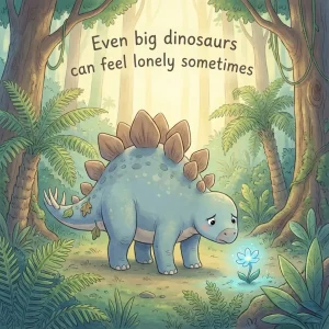 Sad Stegosaurus standing alone in a prehistoric jungle looking at a flower.