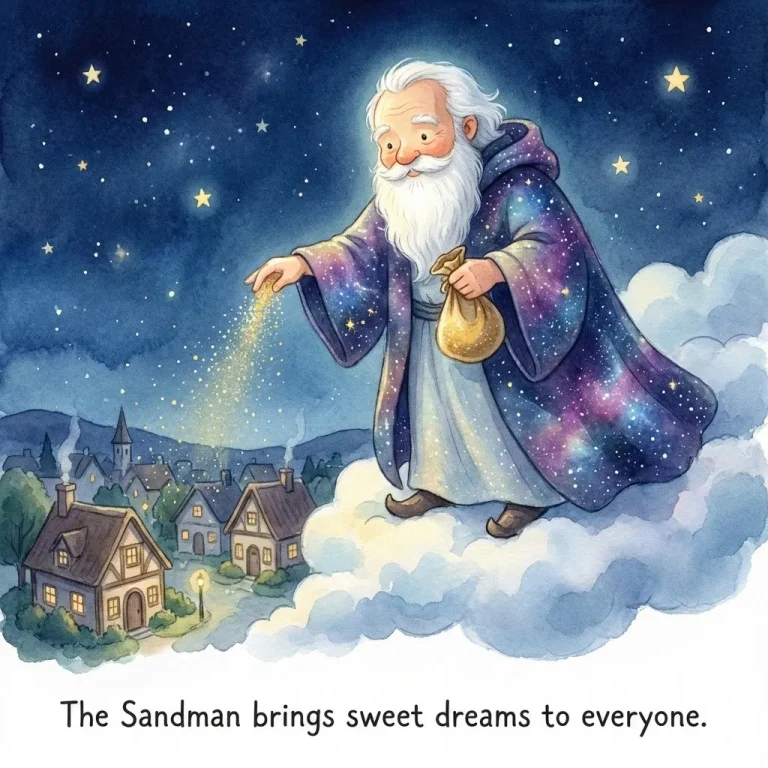 The Sandman sprinkling magical sleeping dust from a cloud over a village at night.