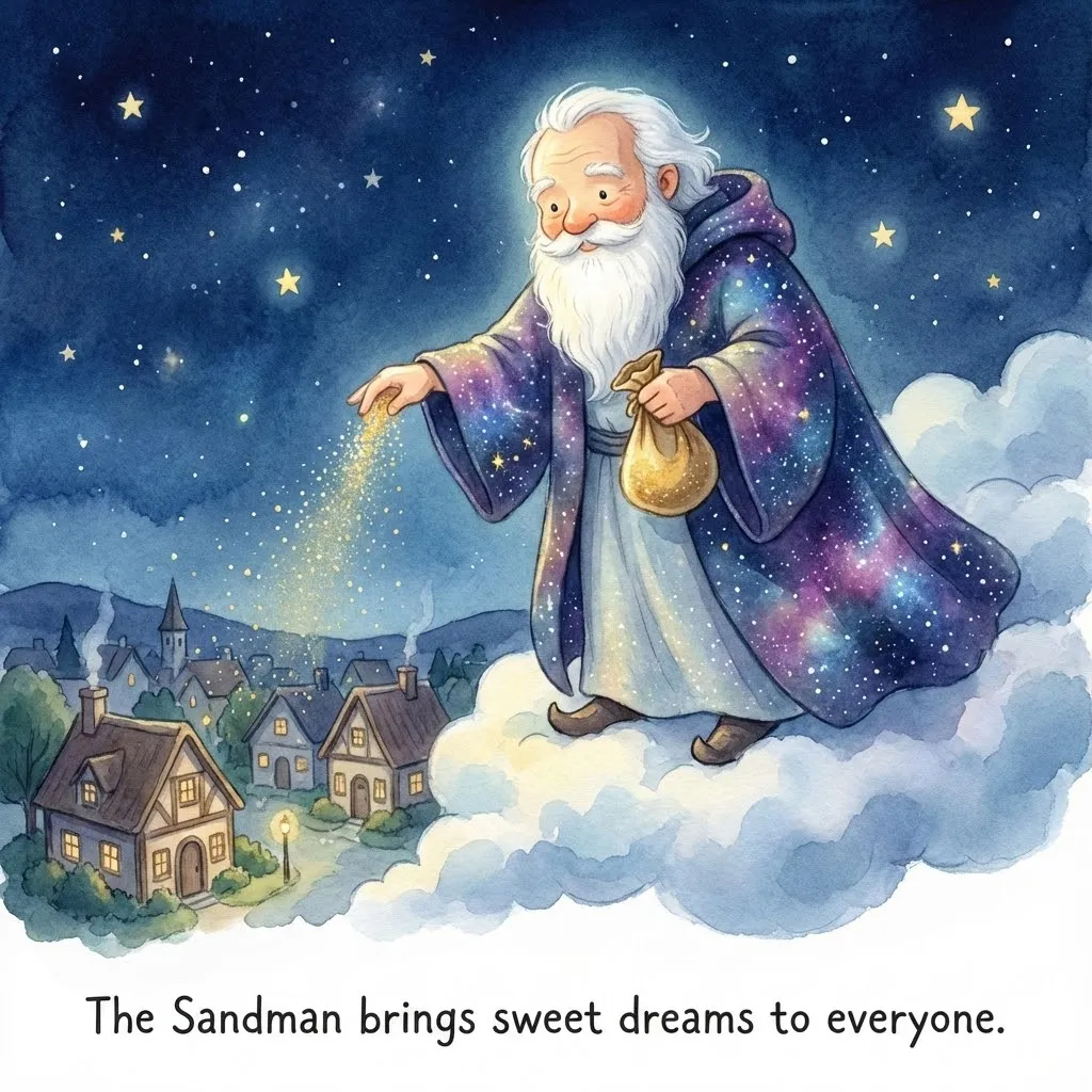 The Sandman sprinkling magical sleeping dust from a cloud over a village at night.