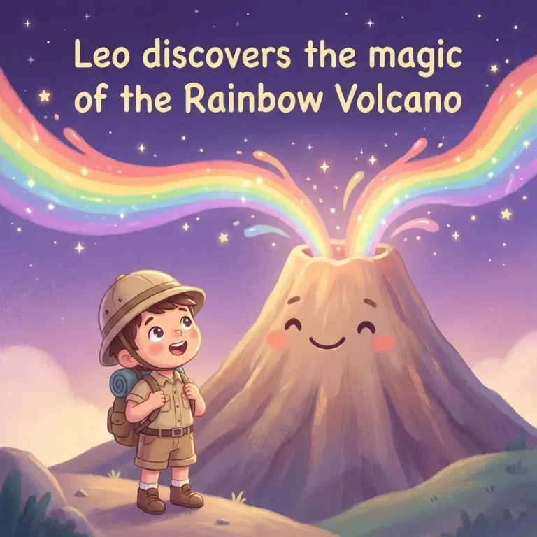 Young boy Leo looking with wonder at a magical volcano erupting rainbows against a starry sky.