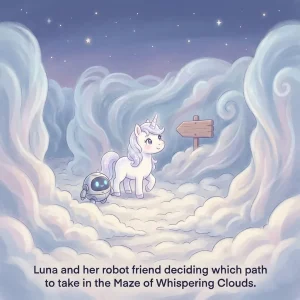 Luna the unicorn and a small robot standing in a magical cloud maze under a twilight sky.