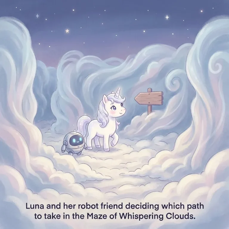 Luna the unicorn and a small robot standing in a magical cloud maze under a twilight sky.