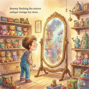 Illustration of a boy named Sammy looking into a magical glowing mirror inside a toy store.