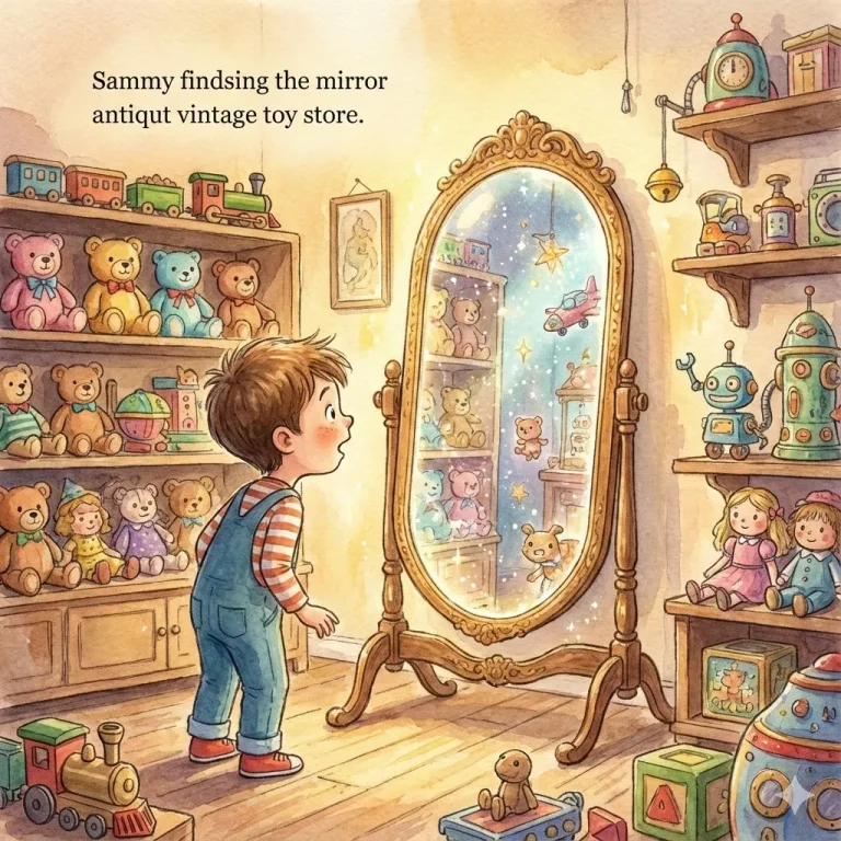 Illustration of a boy named Sammy looking into a magical glowing mirror inside a toy store.