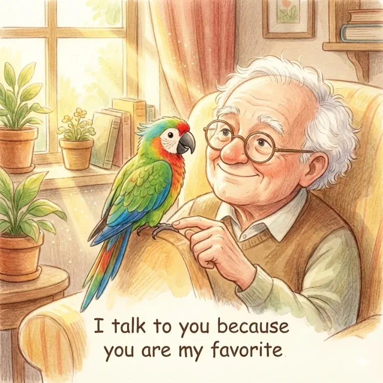 A colorful parrot sitting on an old man's shoulder in a sunny room.