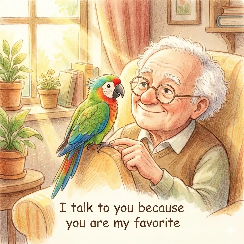 A colorful parrot sitting on an old man's shoulder in a sunny room.
