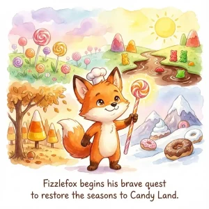 Cute fox character Fizzlefox standing in a magical Candy Land representing the four seasons.
