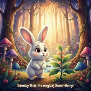 A cute white bunny with long ears standing next to a glowing golden berry in a magical forest, bedtime stories for kids