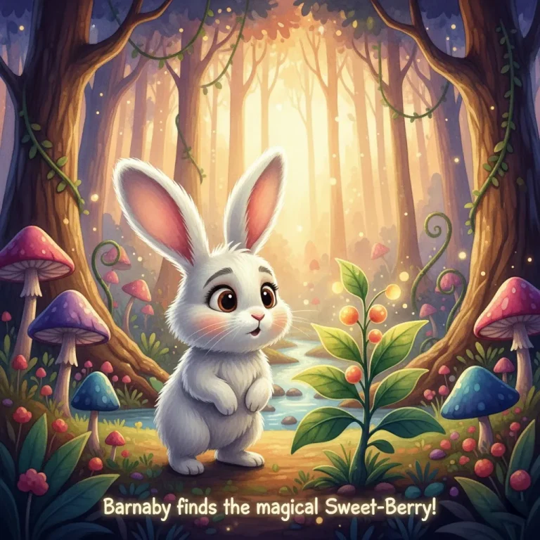 A cute white bunny with long ears standing next to a glowing golden berry in a magical forest, bedtime stories for kids