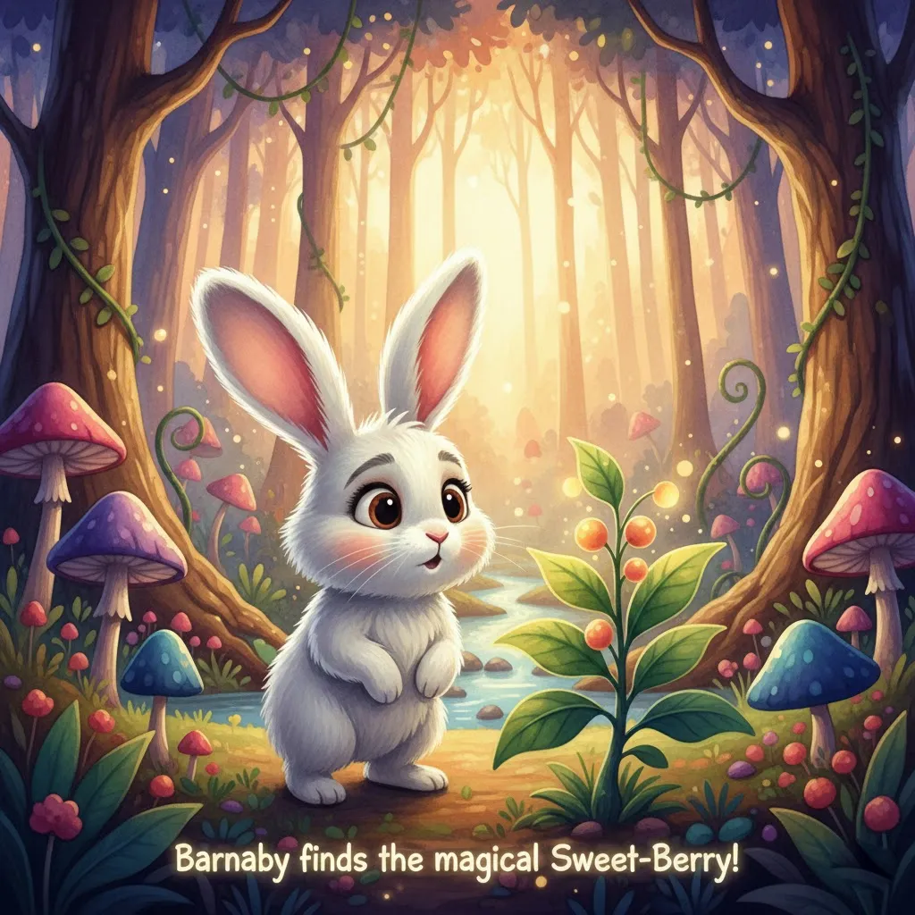 A cute white bunny with long ears standing next to a glowing golden berry in a magical forest, bedtime stories for kids
