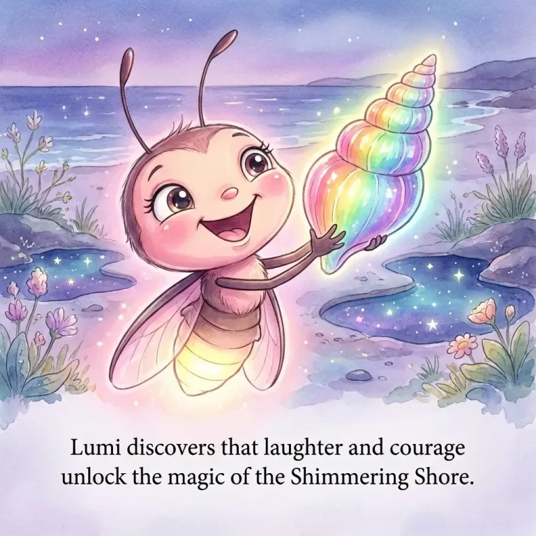Lumi the firefly glowing pink with joy while holding a rainbow shell at the Shimmering Shore.
