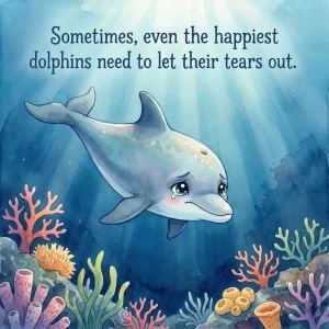 Cute dolphin crying underwater with a wise whale comfort him, bedtime stories for kids illustration