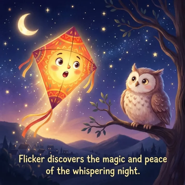 A glowing lantern kite named Flicker flying through a starry night sky near a wise owl.
