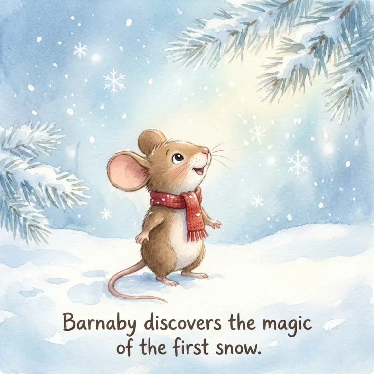 A cute little mouse wearing a red scarf standing in white snow looking at snowflakes, digital illustration for children stories