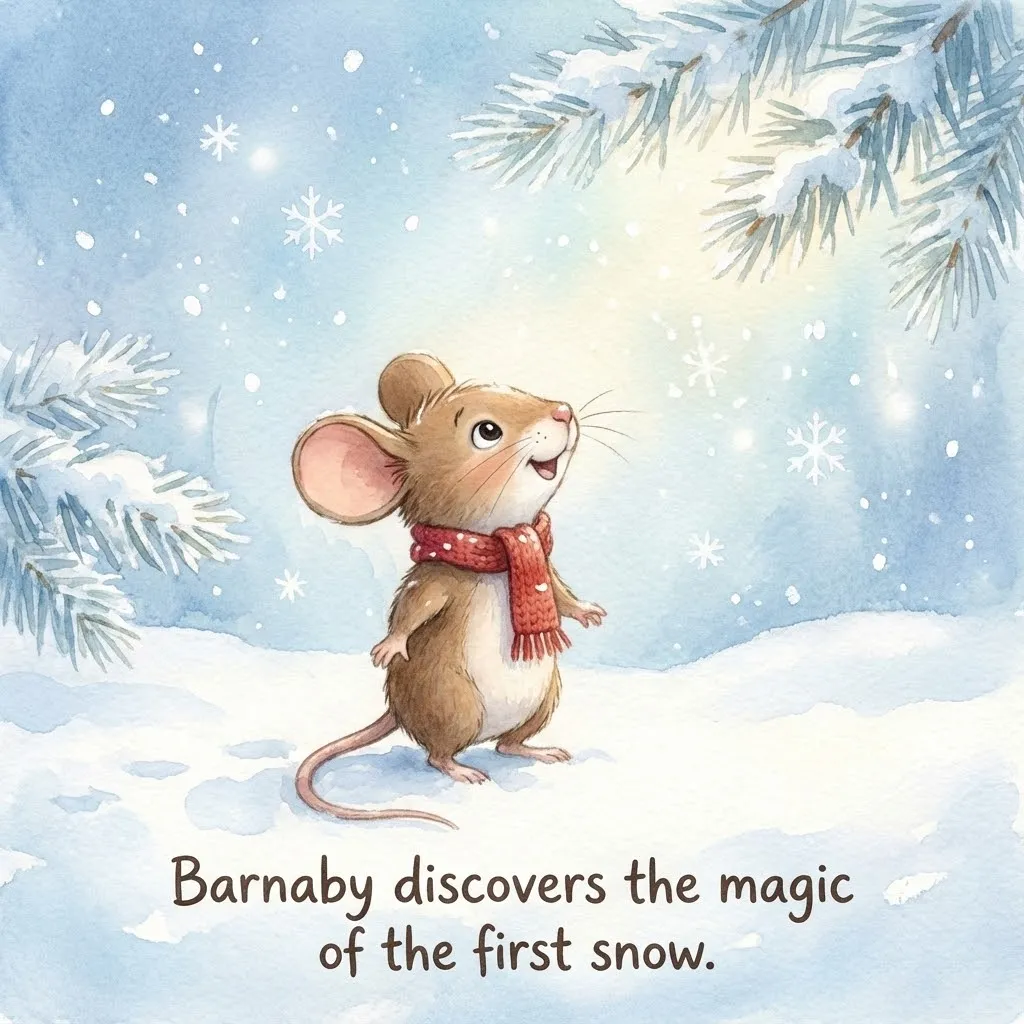 A cute little mouse wearing a red scarf standing in white snow looking at snowflakes, digital illustration for children stories