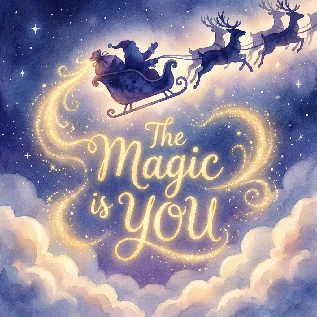 Santa Claus in his sleigh throwing magical golden dust into the night sky creating a messag